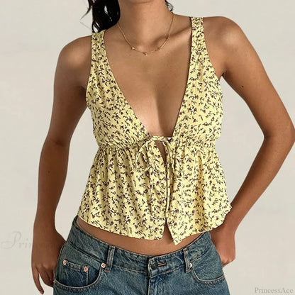 Tie Front Underbust Drawcord Floral Print V Neck Sleeveless Fairy Backless Crop Top