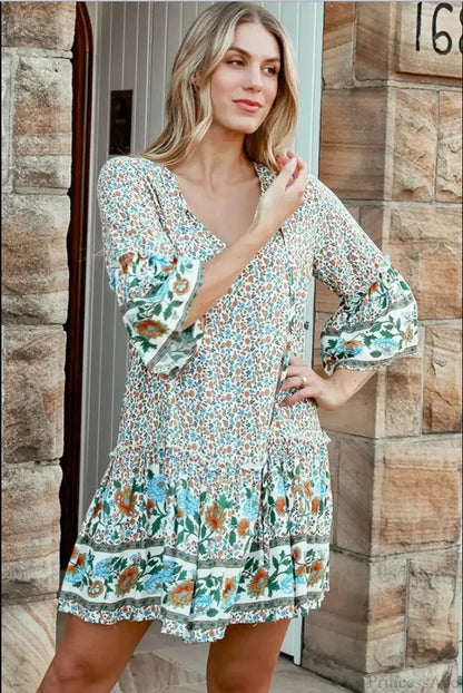 Tie Neck Ruffles Floral Print Rayon Summer Mini Vacation Boho Dress
