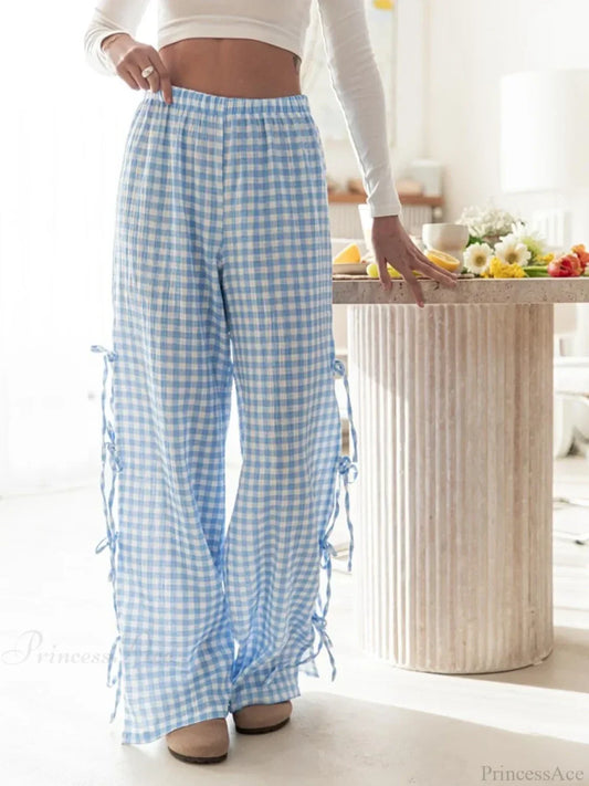 Tie-Up Plaid Stripe Loose Polyester Wide Leg Pant