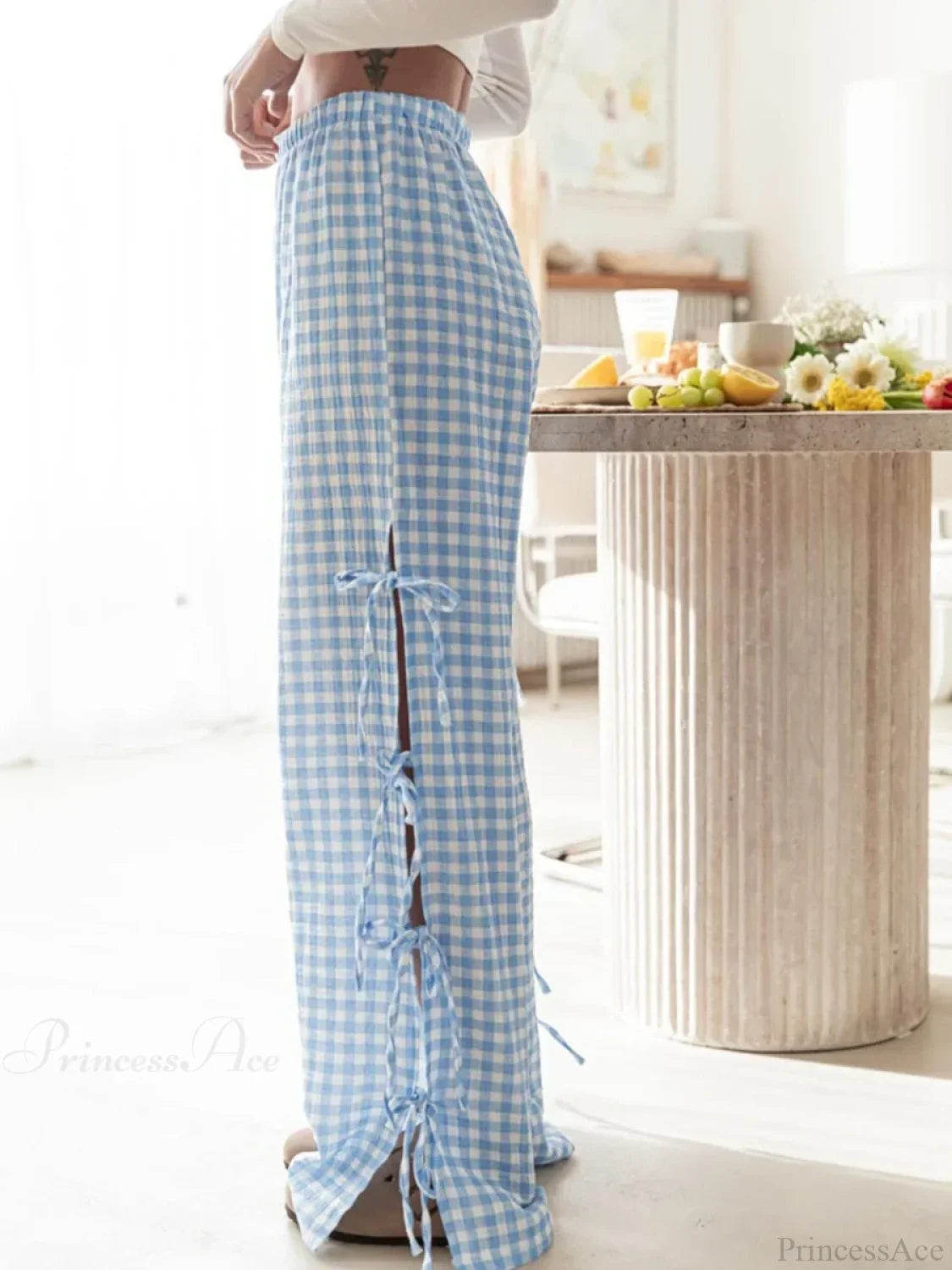 Tie-Up Plaid Stripe Loose Polyester Wide Leg Pant