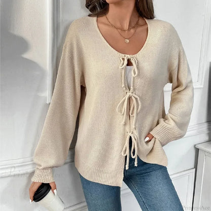 Tie-Up Round Neck Solid Sweater Coat Cardigan