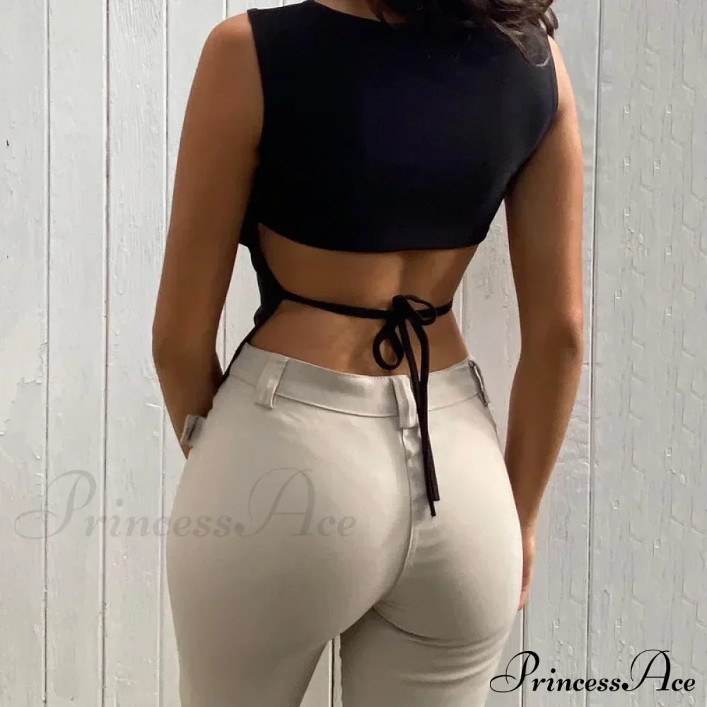 Tied Backless Solid Sleeveless Crop Summer Sexy Skinny Simple Trim Outfits Mock Neck Basic Tank top