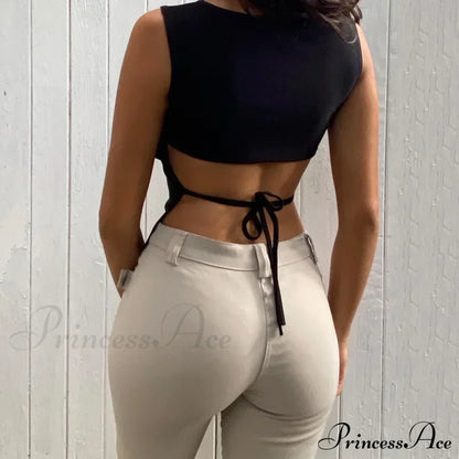 Tied Backless Solid Sleeveless Crop Summer Sexy Skinny Simple Trim Outfits Mock Neck Basic Tank top