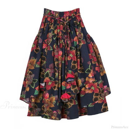 TIYIHAILEY Floral Print Maxi Skirt Elastic Waist Cotton Linen