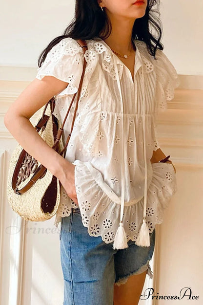 Top Arm Lace White with Ruffles Embroidery