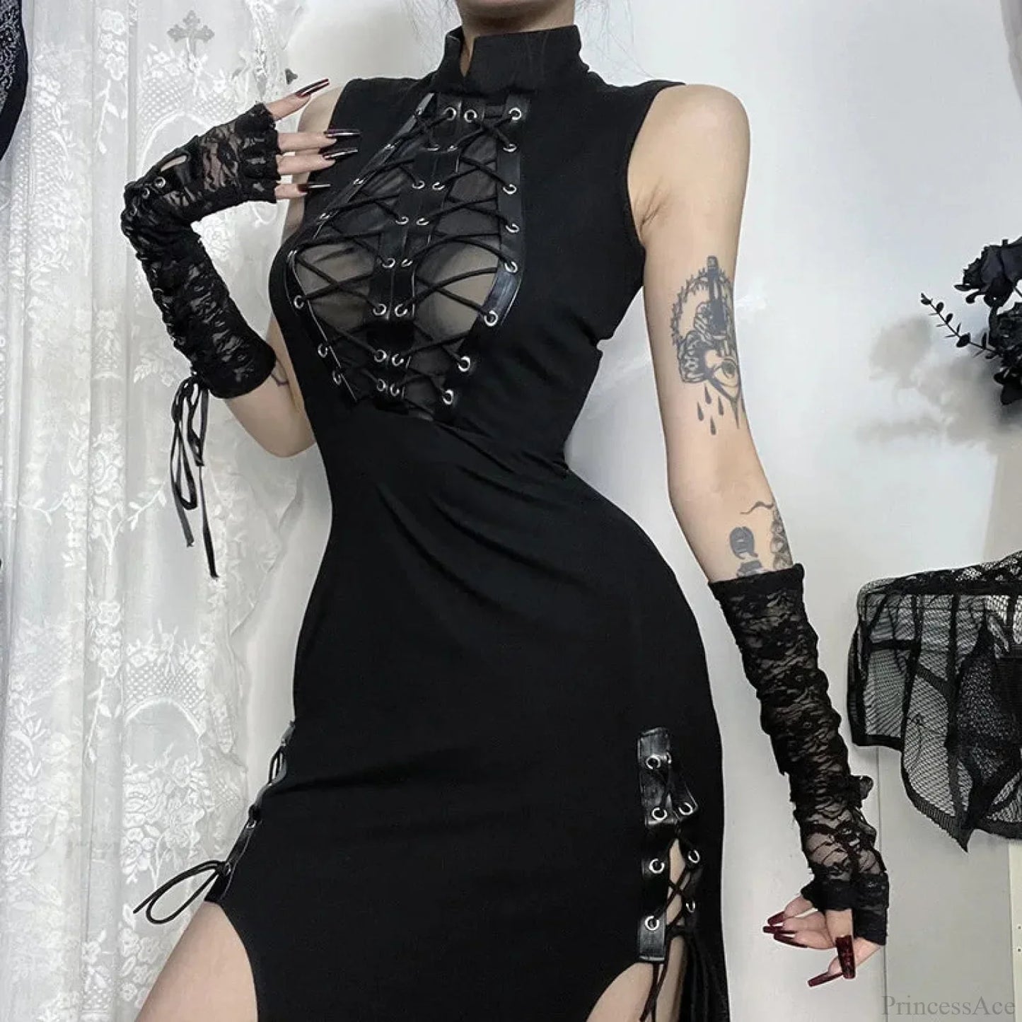 Transparent Patchwork Bandage Hem Midi Dress