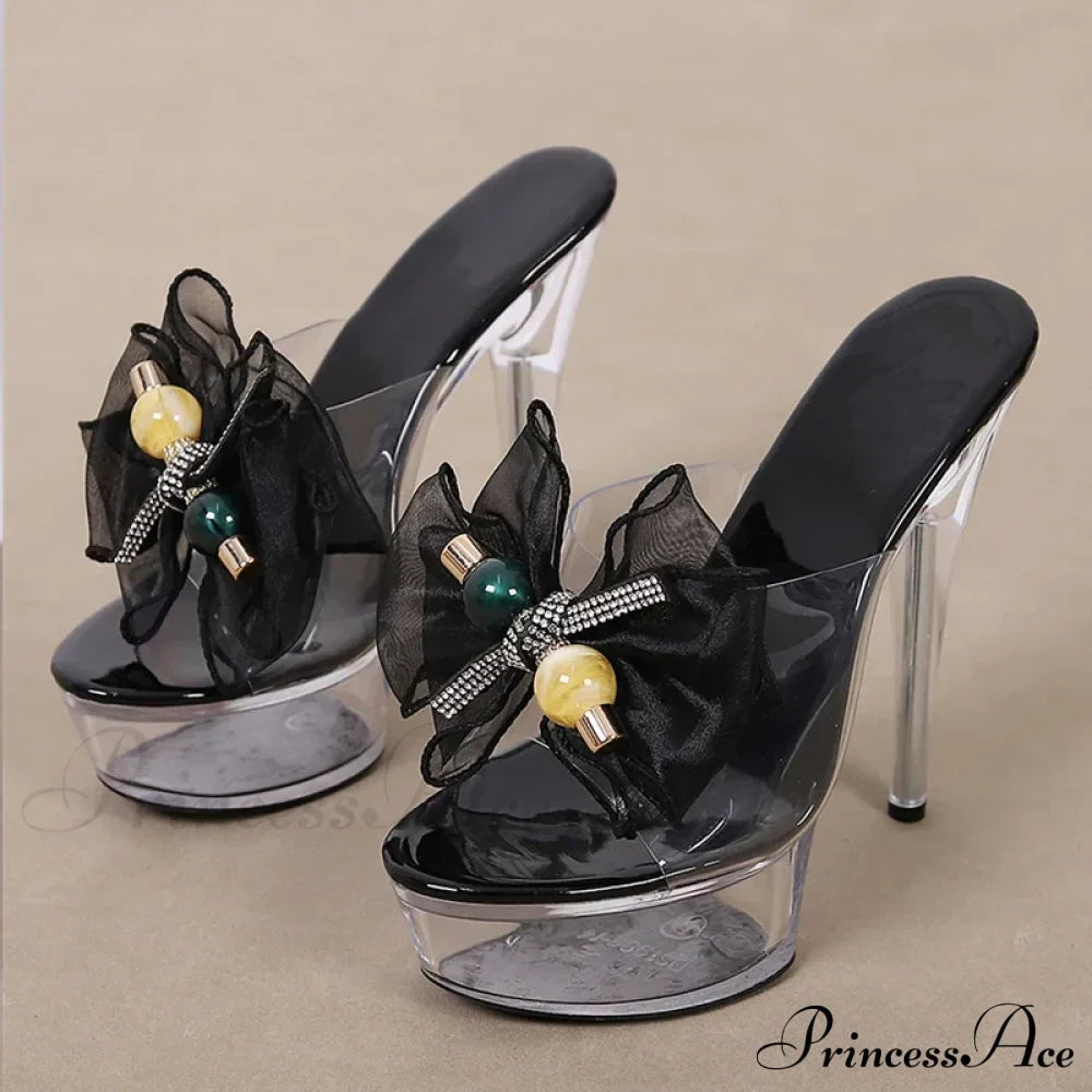Transparent Platform Slipper For Women Mesh Bowknot Open Toe Super High Heels Party Stripper Shoes Clear Sandal - Size 35-43