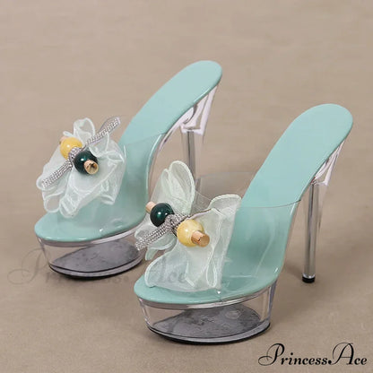 Transparent Platform Slipper For Women Mesh Bowknot Open Toe Super High Heels Party Stripper Shoes Clear Sandal - Size 35-43
