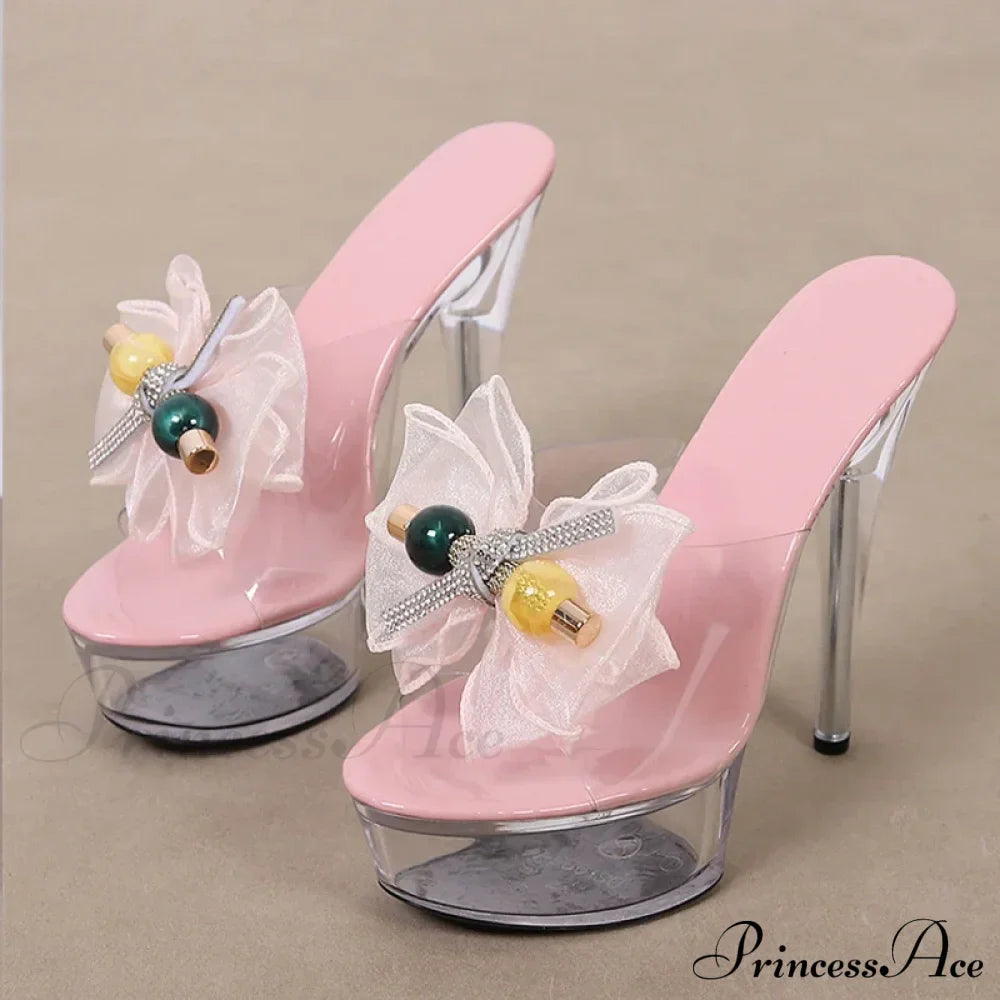 Transparent Platform Slipper For Women Mesh Bowknot Open Toe Super High Heels Party Stripper Shoes Clear Sandal - Size 35-43