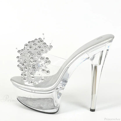 Transparent Slippers Silver Pearl Designer Sexy Open Toe Clear High Heels Platform Sandals High Heel
