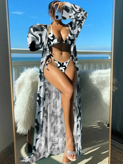 Triangle String Bikini Set with Kimono Three Piece Swimsuit