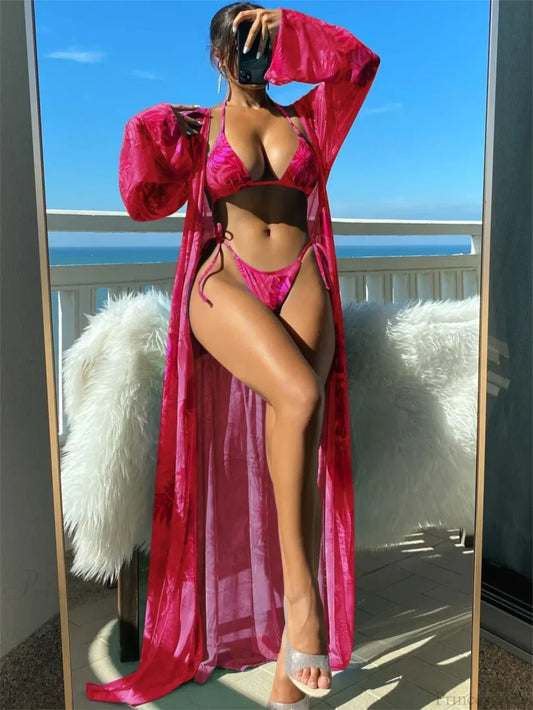 Conjunto de bikini triangular con kimono, traje de baño de tres piezas