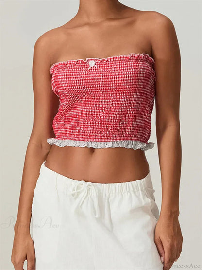 Tube Bow Lace Trim Ruched Plaid Crop Top