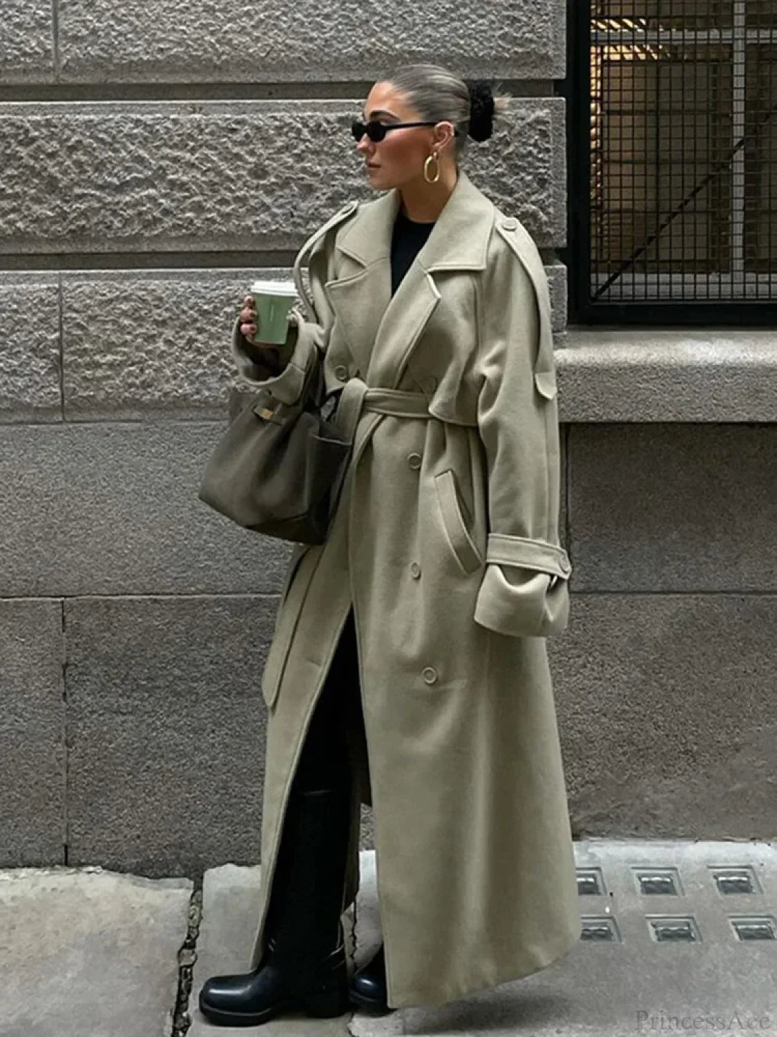 Turn-Down Collar Lace-Up Loose Overcoat