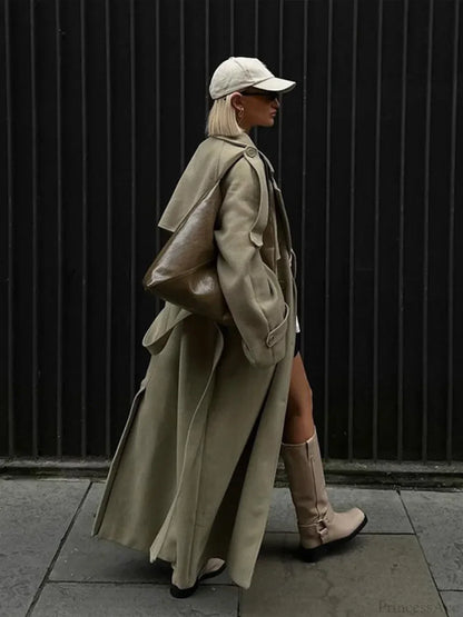 Turn-Down Collar Lace-Up Loose Overcoat