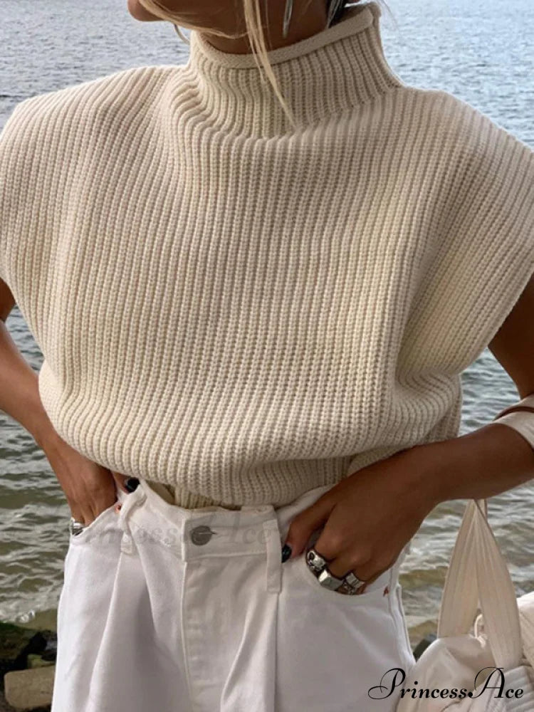 Turtleneck Color Solid Short-Sleeved Sweater Top