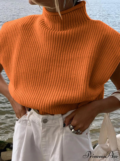 Turtleneck Color Solid Short-Sleeved Sweater Top