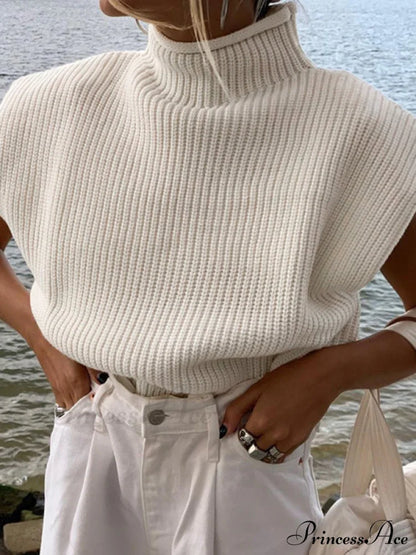 Turtleneck Color Solid Short-Sleeved Sweater Top