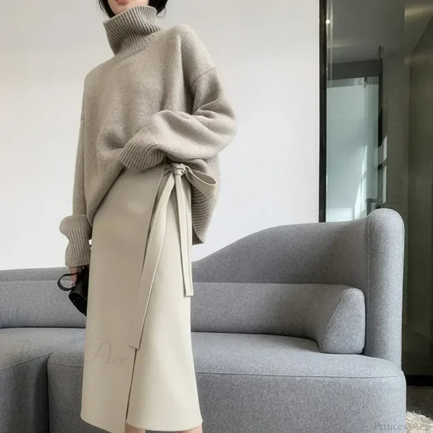 Turtleneck Elegant Gray Red Sweater