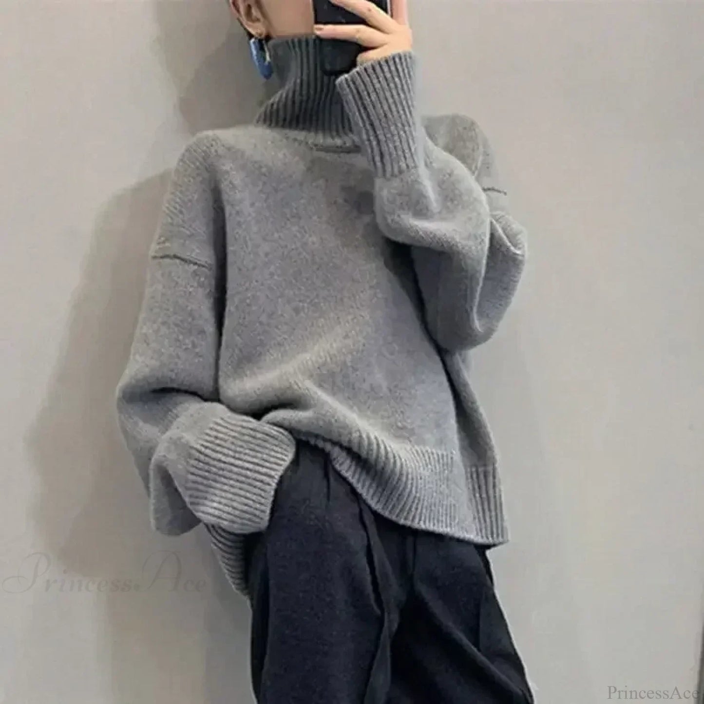 Turtleneck Elegant Gray Red Sweater