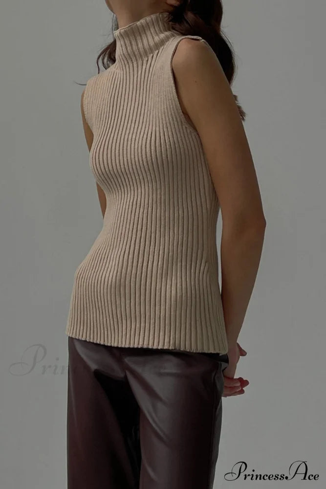 Turtleneck Ribbed Sleeveless Knit Sweater