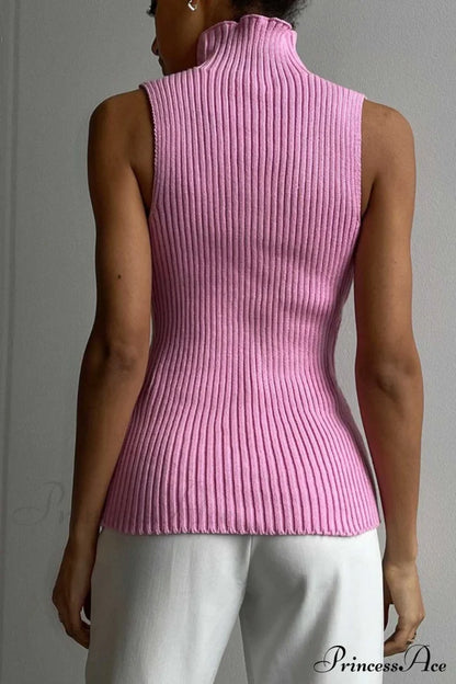 Turtleneck Ribbed Sleeveless Knit Sweater