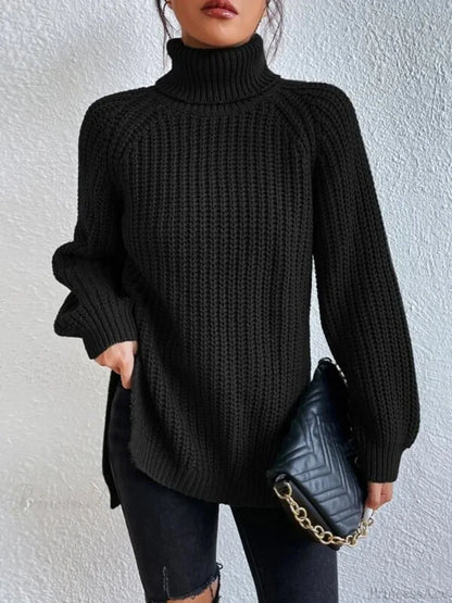 Turtleneck Split Crochet Thick Sweater