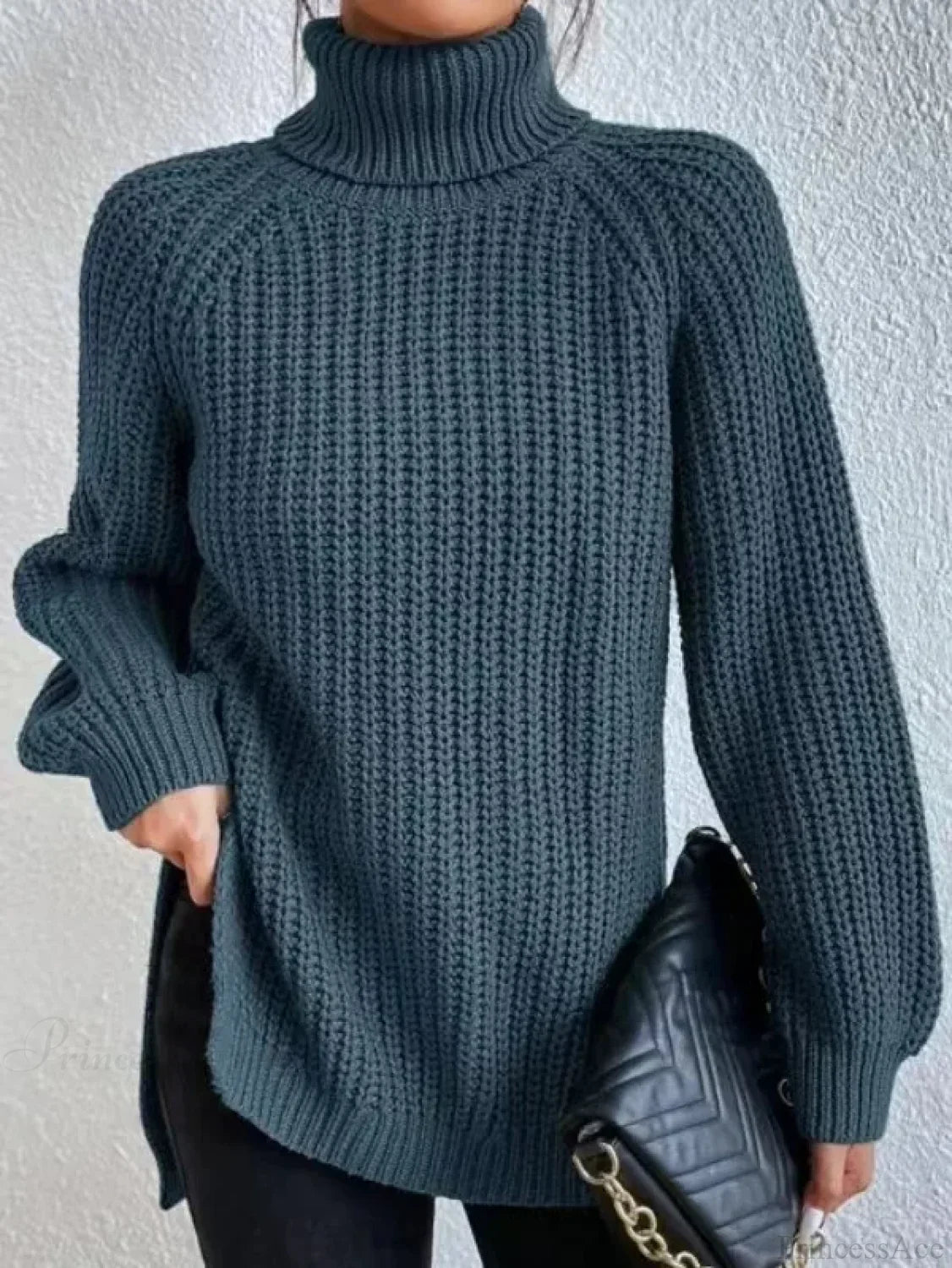 Turtleneck Split Crochet Thick Sweater