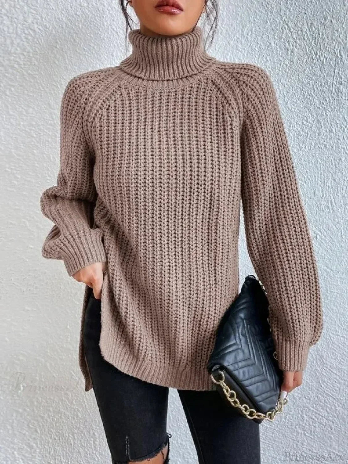Turtleneck Split Crochet Thick Sweater