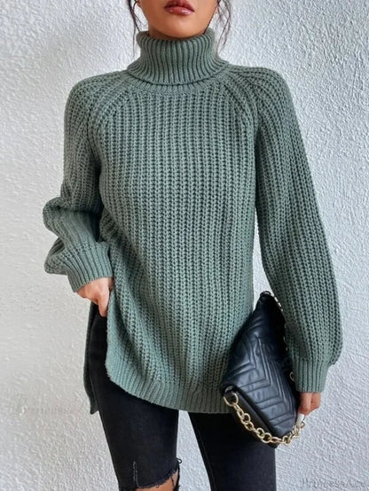 Turtleneck Split Crochet Thick Sweater