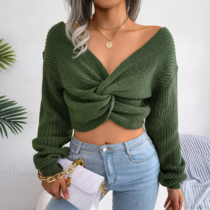 Twist Front V Neck Crop Sweater