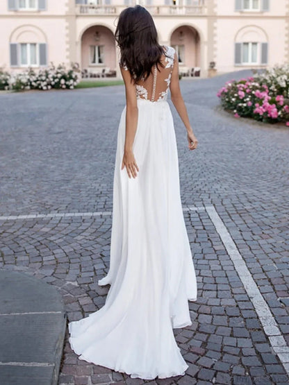 U-Neck Long Sleeve Backless Wedding Dress