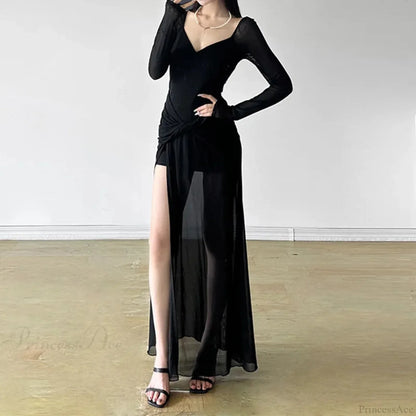 V-Neck Asymmetrical Hem Gothic Full-Length Dress