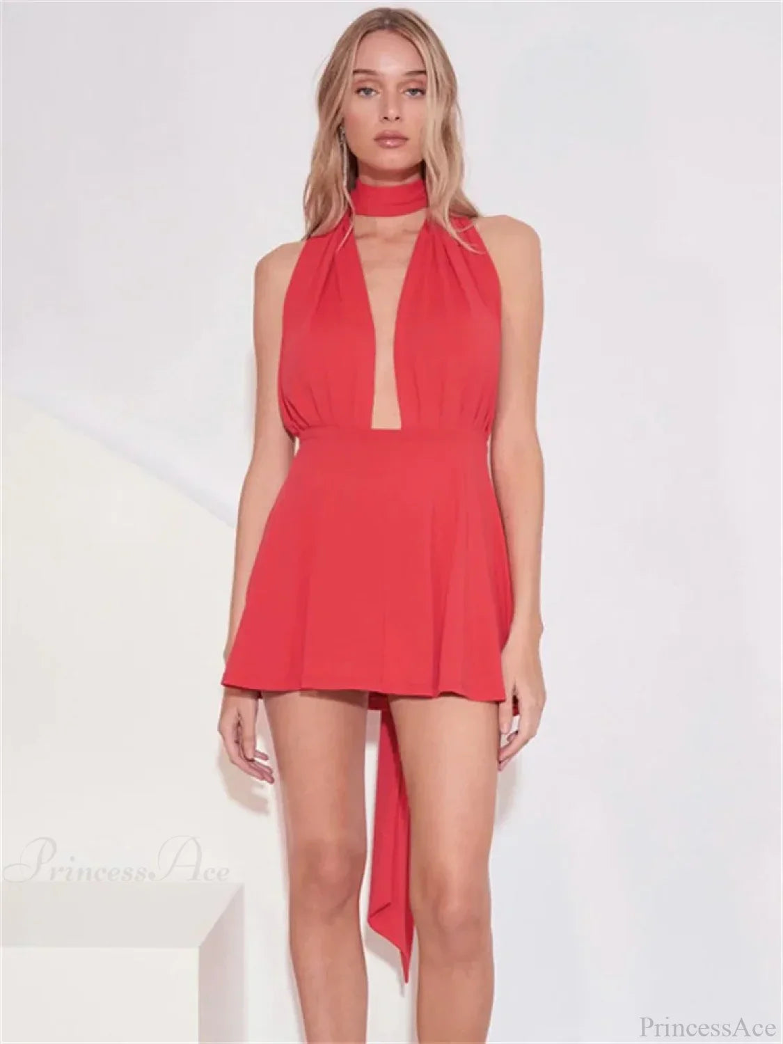 V-Neck Backless Bandage Mini Dress