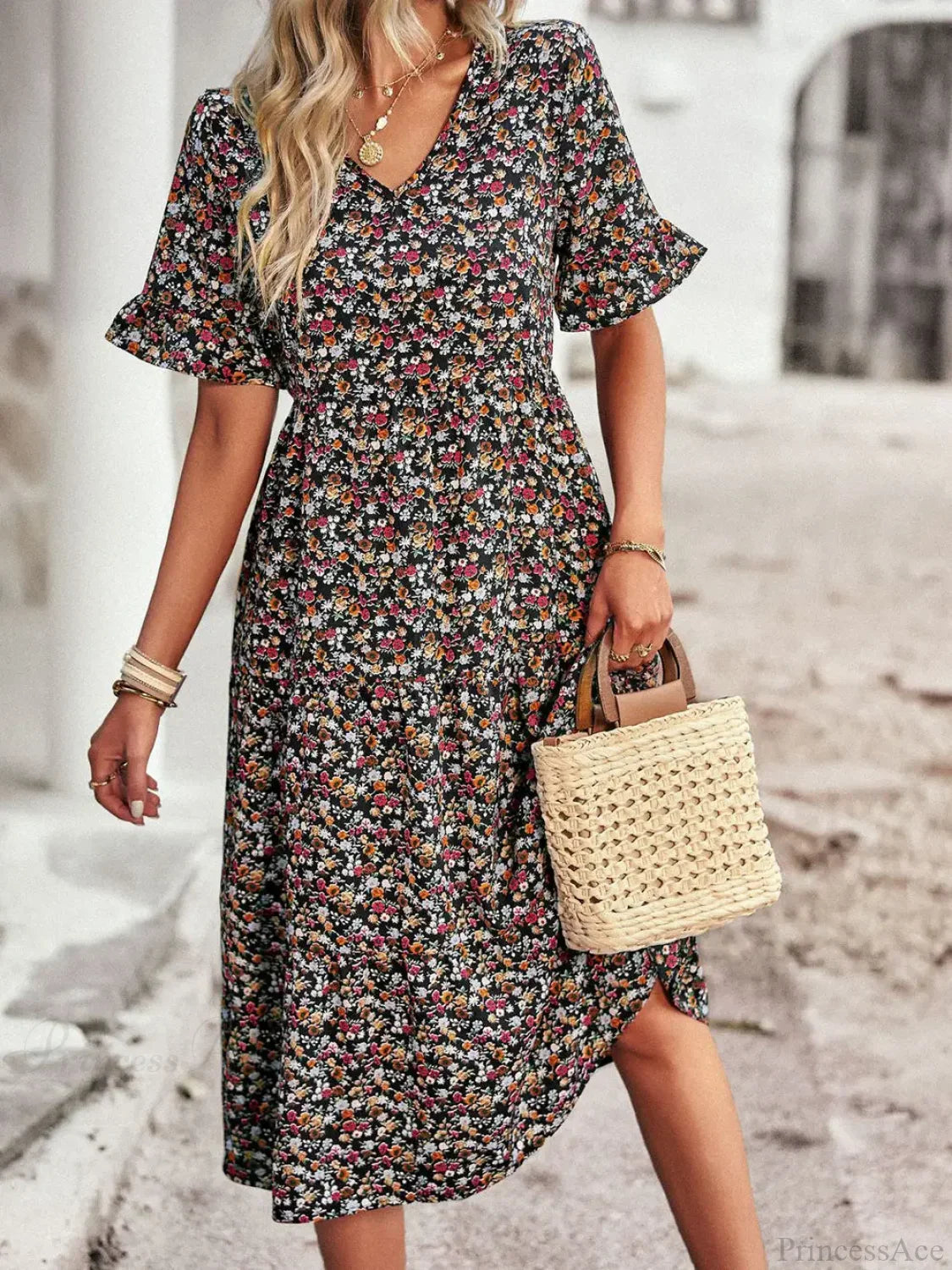 V-neck Elegant Floral Print A-line Holiday Dress