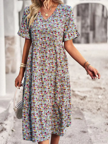 V-neck Elegant Floral Print A-line Holiday Dress