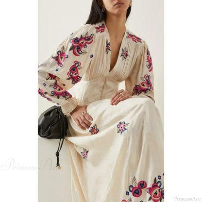 V-neck Floral A-line Lantern Sleeve Cotton Boho Dress