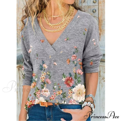 V-neck Flower Print Long-sleeved T-shirt