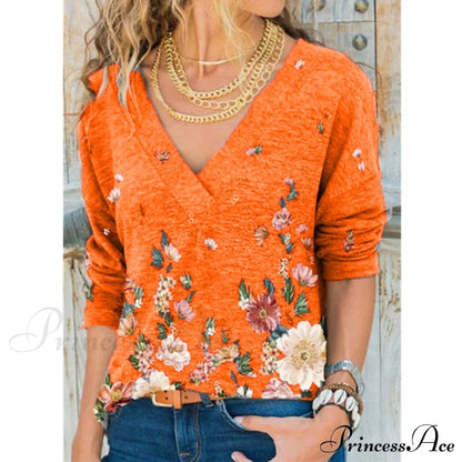 V-neck Flower Print Long-sleeved T-shirt