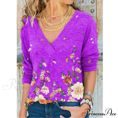 V-neck Flower Print Long-sleeved T-shirt