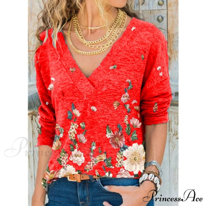V-neck Flower Print Long-sleeved T-shirt