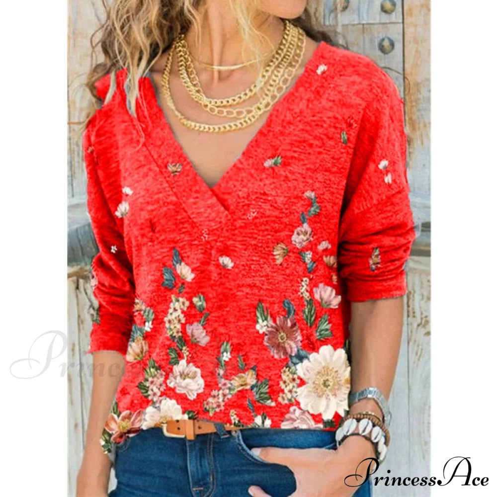 V-neck Flower Print Long-sleeved T-shirt