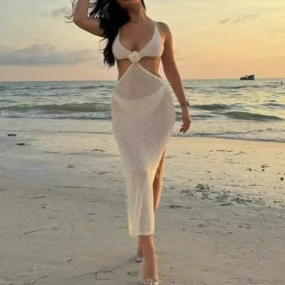 Vestido de punto hueco de cuello en V para playa, conjunto de bikini