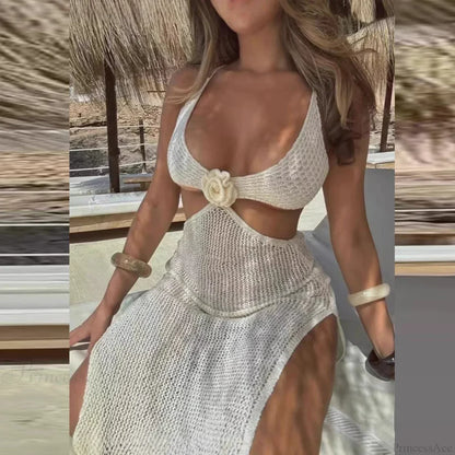 Vestido de punto hueco de cuello en V para playa, conjunto de bikini