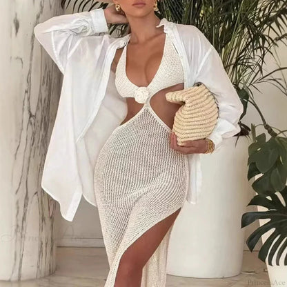 Vestido de punto hueco de cuello en V para playa, conjunto de bikini