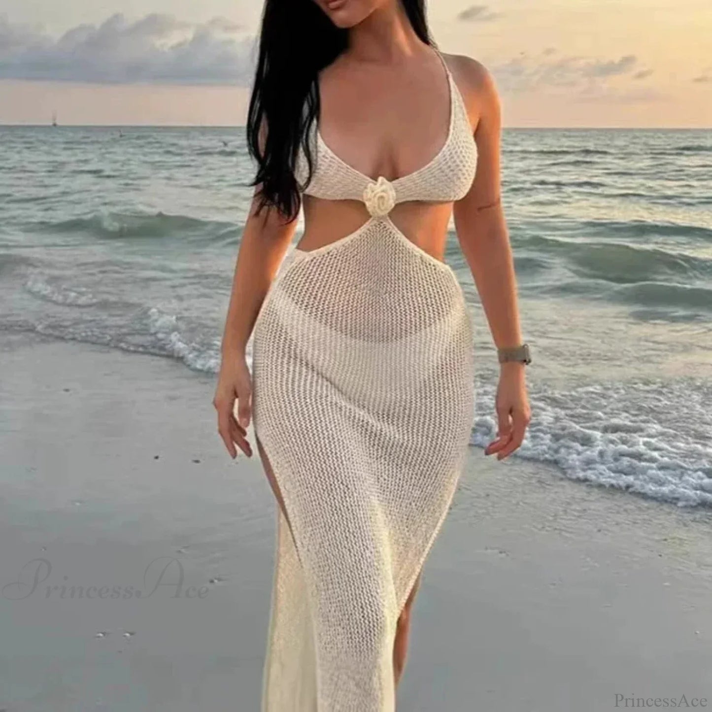 Vestido de punto hueco de cuello en V para playa, conjunto de bikini