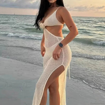 Vestido de punto hueco de cuello en V para playa, conjunto de bikini