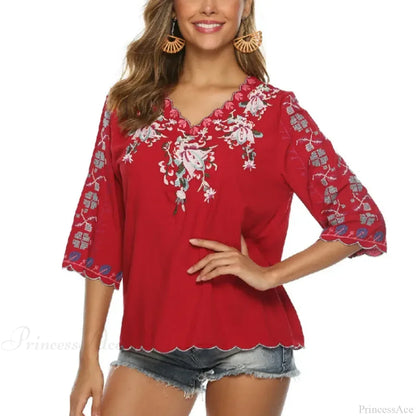 V-Neck Loose Casual Cotton Floral Embroidery Boho Blouse