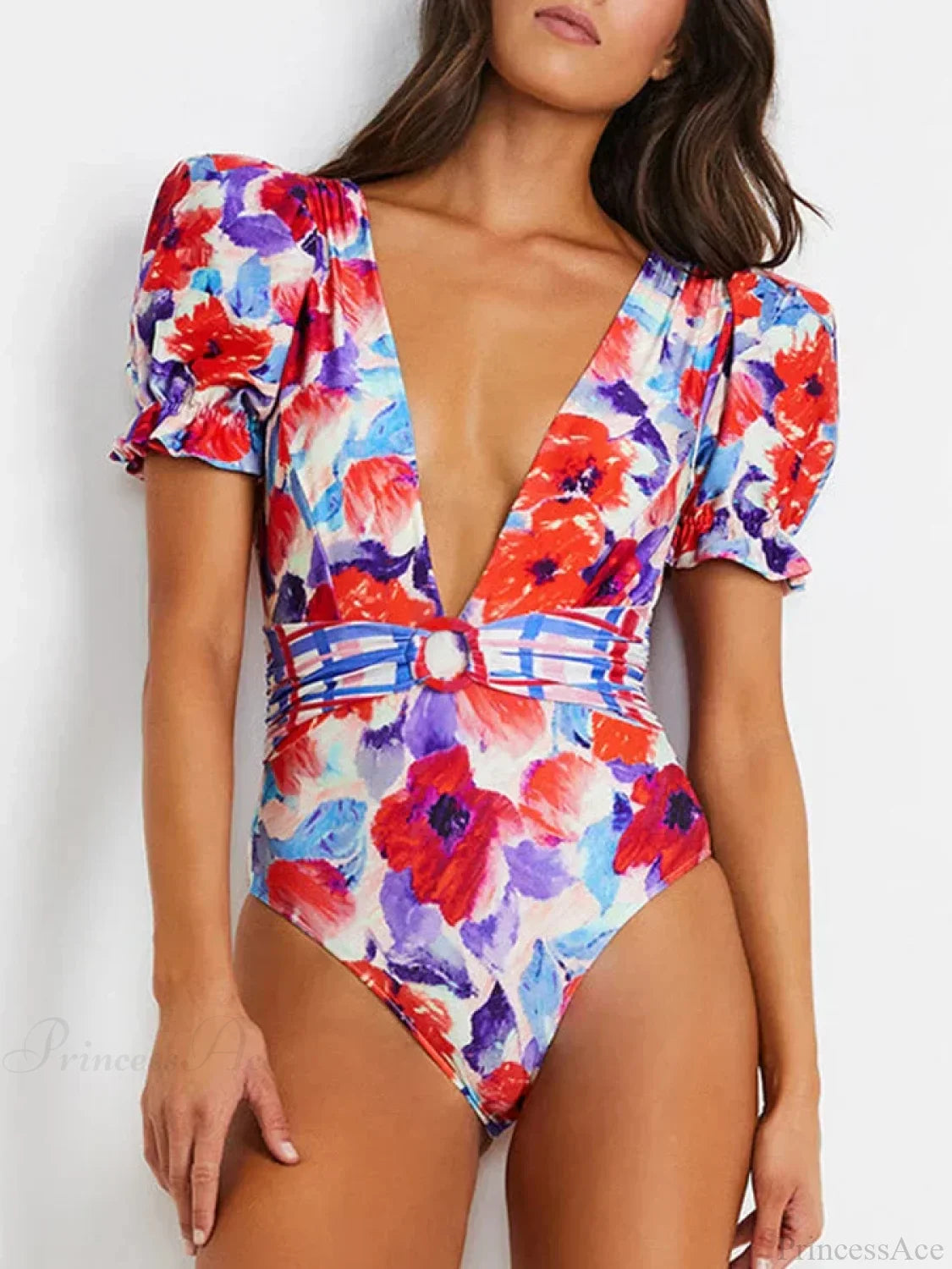 Traje de baño de una pieza con mangas abullonadas y estampado con cuello en V