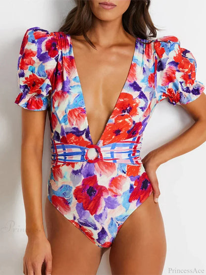 Traje de baño de una pieza con mangas abullonadas y estampado con cuello en V